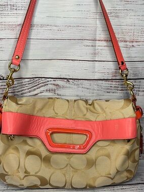 Coach Bonnie Signature Canvas Coral Leather Foldover Crossbody Handbag